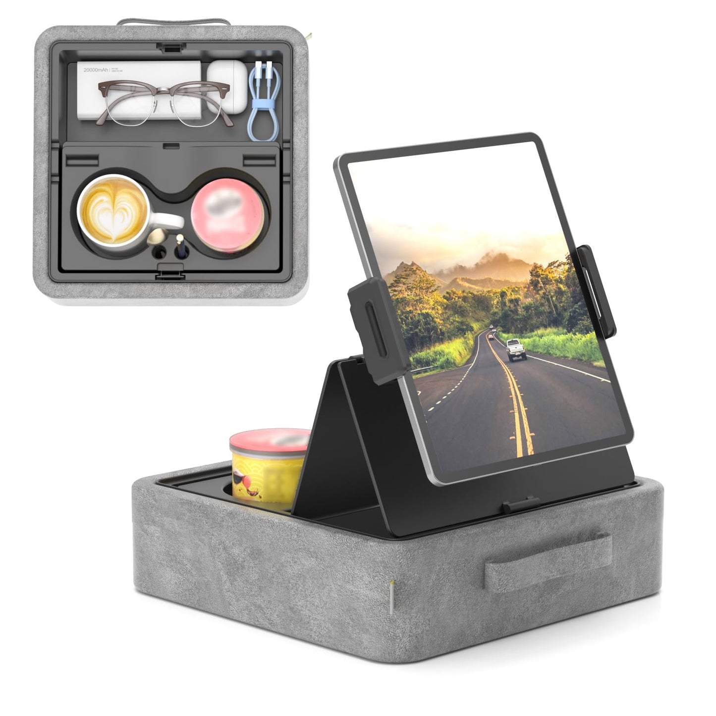 KDD Tablet Pillow Stand, Adjustable iPad Holder for Bed, Lap and Desk with Two Cup Holder and Storage Tray, 360°Rotating Clip Soft Dock Compatible with iPad Pro 12.9, Air, Mini, Phone and E-Reader