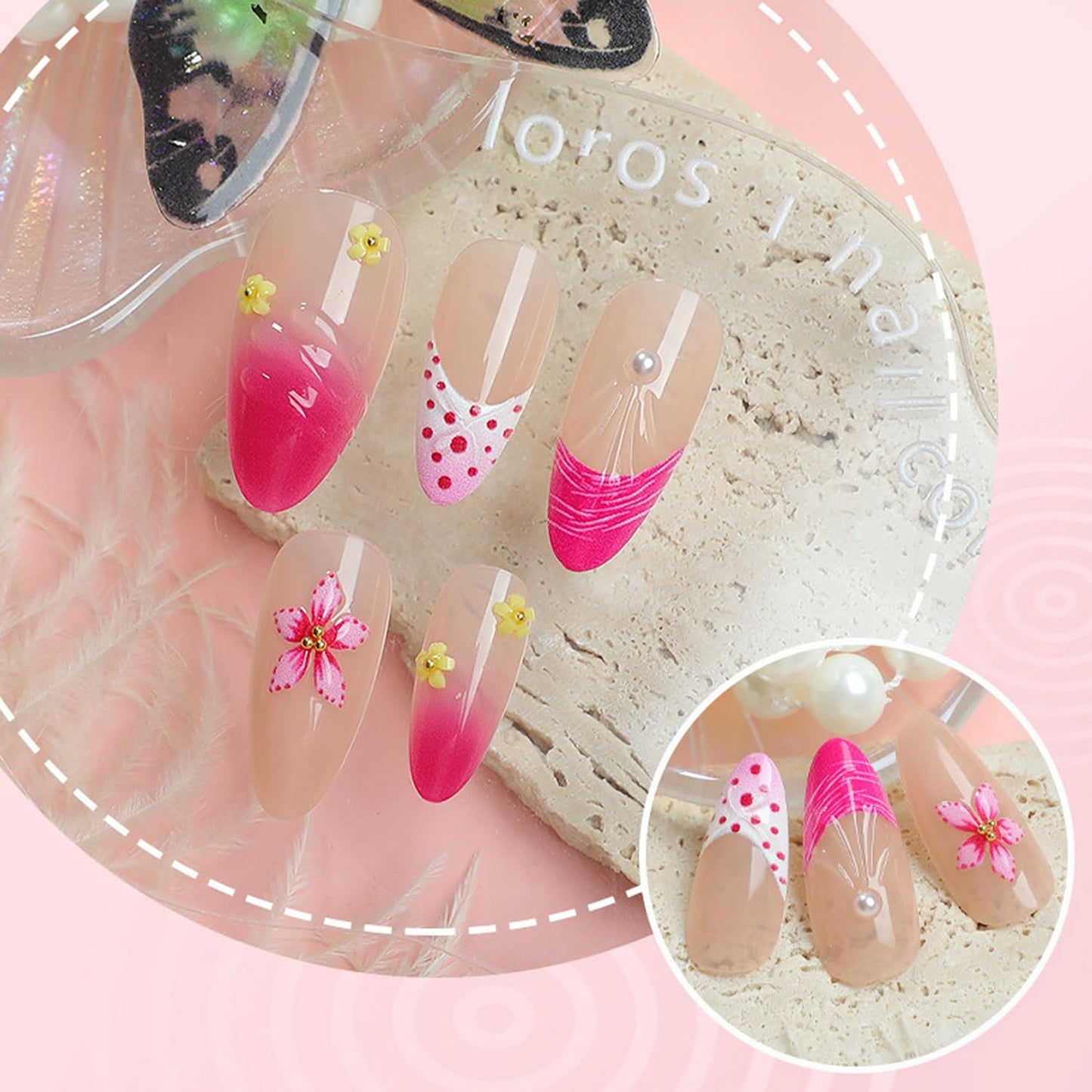 24Pcs Pink Gradient Press on Nails Medium Almond Fake Nails with 3D Seashell Flowers and Hand-Painted Pearls Designs French Nails Cute Stick on Nail Floral False Nails for Women