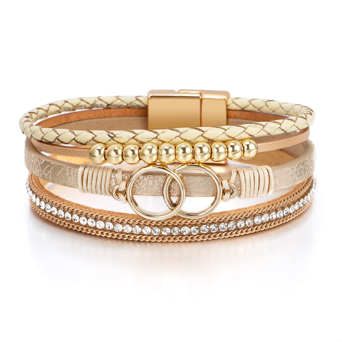 Leopard Bracelet for Women, Boho Leather Wrap Multi-Layer Pearl Crystal Bracelet Bangle Jewelry (Double Circle(Khaki))