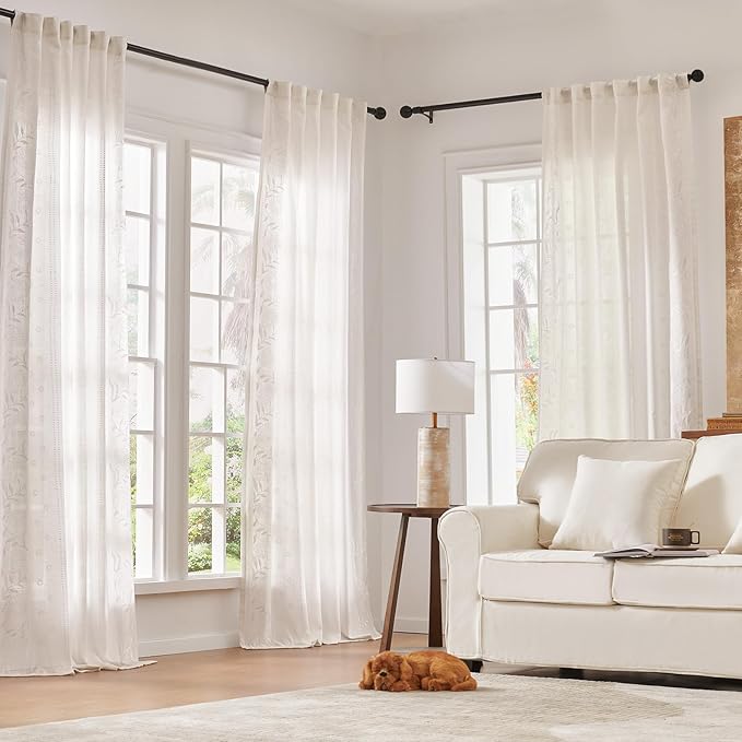 jinchan Winslow White Linen Curtains for Bedroom 84 Inches Length Embroidered Bordered Floral Curtains for Living Room Farmhouse Decor Light Filtering Window Treatments White on White Drapes 2 Panels