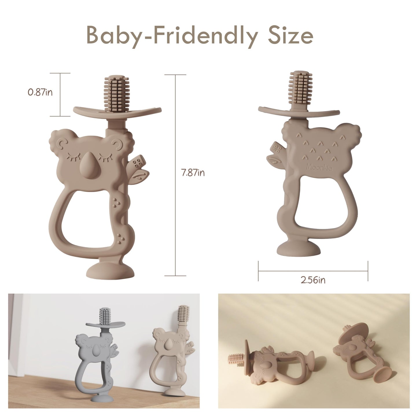 Moonkie Teething Toy, Safe & Easy to Hold BPA Free Silicone Teethers, 360° Baby Toothbrush with Suction Base, Teether Toys Best for Babies 6-12 Months (Koala Warm Taupe)