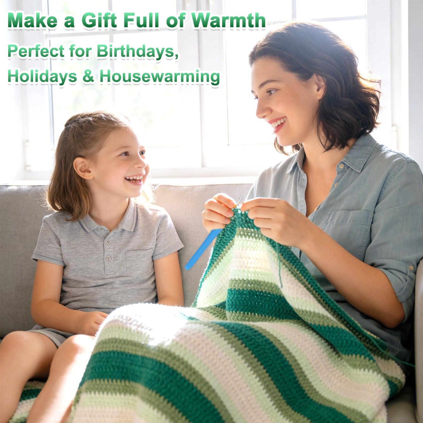 Reessy Crochet Blanket Kit for Beginners Adults – Gradient Green Ombre Throw Blanket Kit with Soft Chenille Yarn, Hooks & Instructions – Handmade Crochet Starter Set for Adults