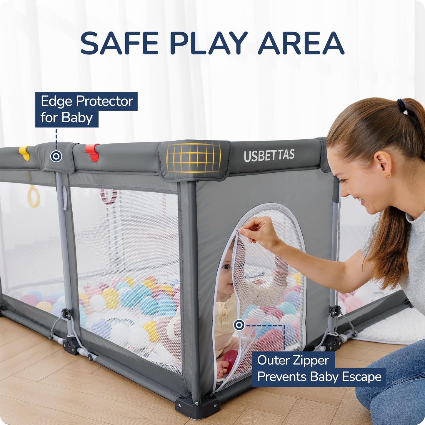 usbettas Foldable Baby Playpen, 1-Minute Setup, Lightweight Portable Playpen with Carry Bag, 50"x50" Indoor Outdoor Safty Play Yard for Babies & Toddlers, Dark Gray
