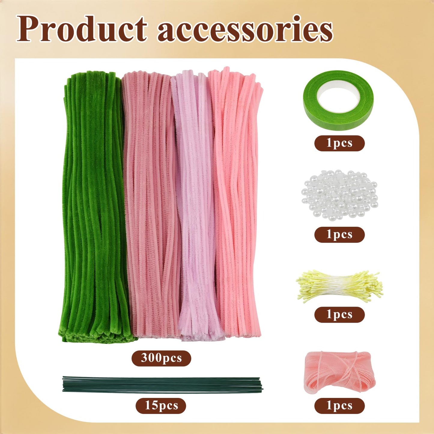 CHRORINE 320 Pcs Pipe Cleaners Bulk Pipe Cleaner Flower Kit Craft Supplies Soft and Flexible Creative Suitable for Art DIY Packaging and Decoration- Green, Light Pink, Pink, Dark Pink