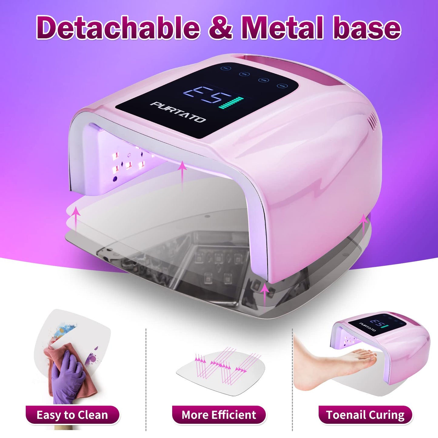 PURTATO Professional Rechargeable 96W UV LED Portable Cordless UV Light for Nail Lamp Machine with Removable Stainless Steel Bottom,4 Timer Setting and Smart Sensor Nail Dryer (Plating Pink)