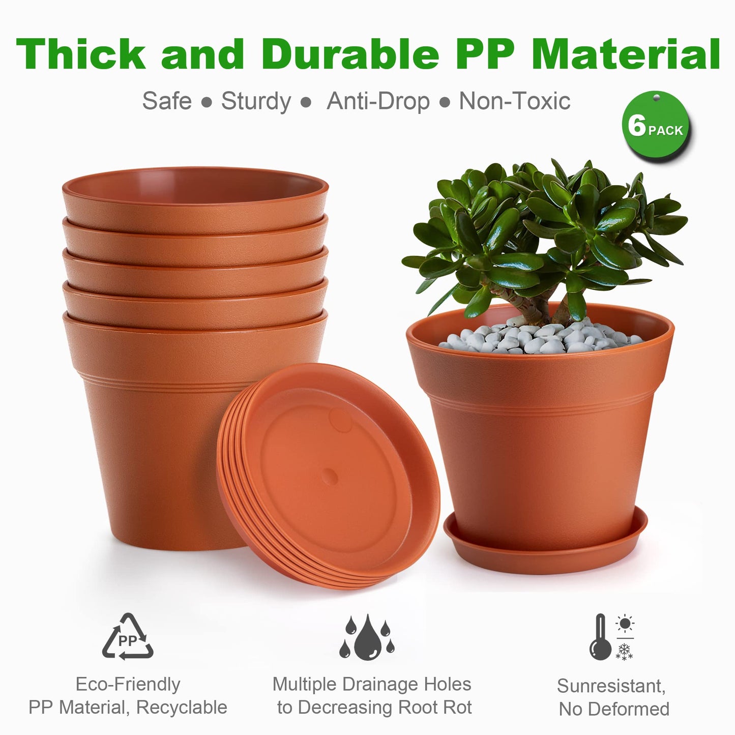 FHWTY 6 Pack 4in Plastic Plant Pots Black & 6 Pack 4in Plastic Plant Pots Terracotta