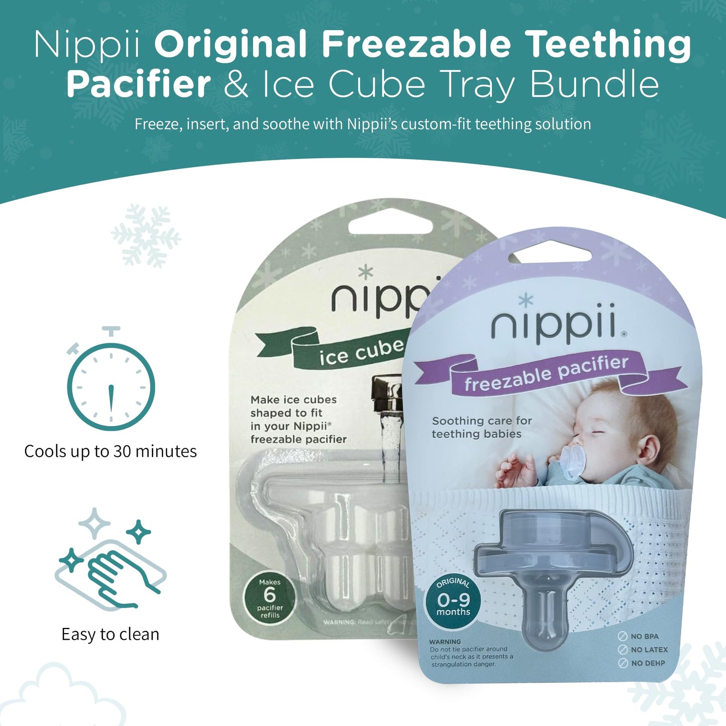 Nippii Freezer Teether Pacifier & Ice Cube Tray - Soft Silicone Freezable Teething Paci for Baby Teething Relief - Cold Teething Toy for 0-9 Months - BPA Free, Medical Grade & Easy to Clean