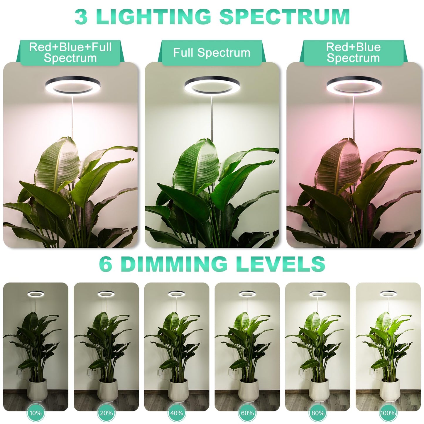 LORDEM 10" Full Spectrum Grow Light, 160 LEDs Plant Lamp for Indoor Plants, Grow Lamp with 4/8/12H Auto Timer, 6 Dimmable Levels, 3 Spectrum Modes, 65" Height Adjustable, Ideal for Large Tall Plants