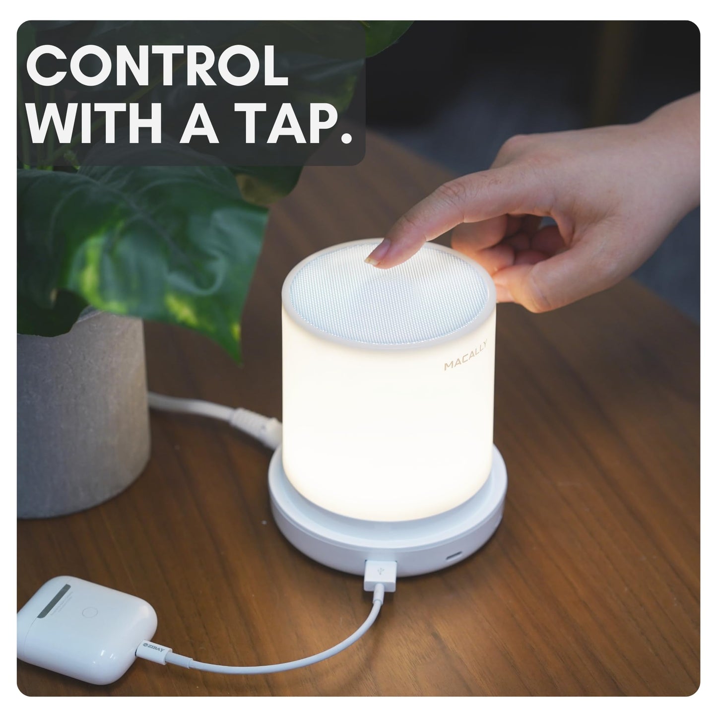 Macally Small Bedside Lamp with USB Ports (USB C + A) - Fast Charging Bedside Light and 3 Way Dimmable Touch Lamp for Nightstands - Great as a Night Light and Charger for Bedrooms