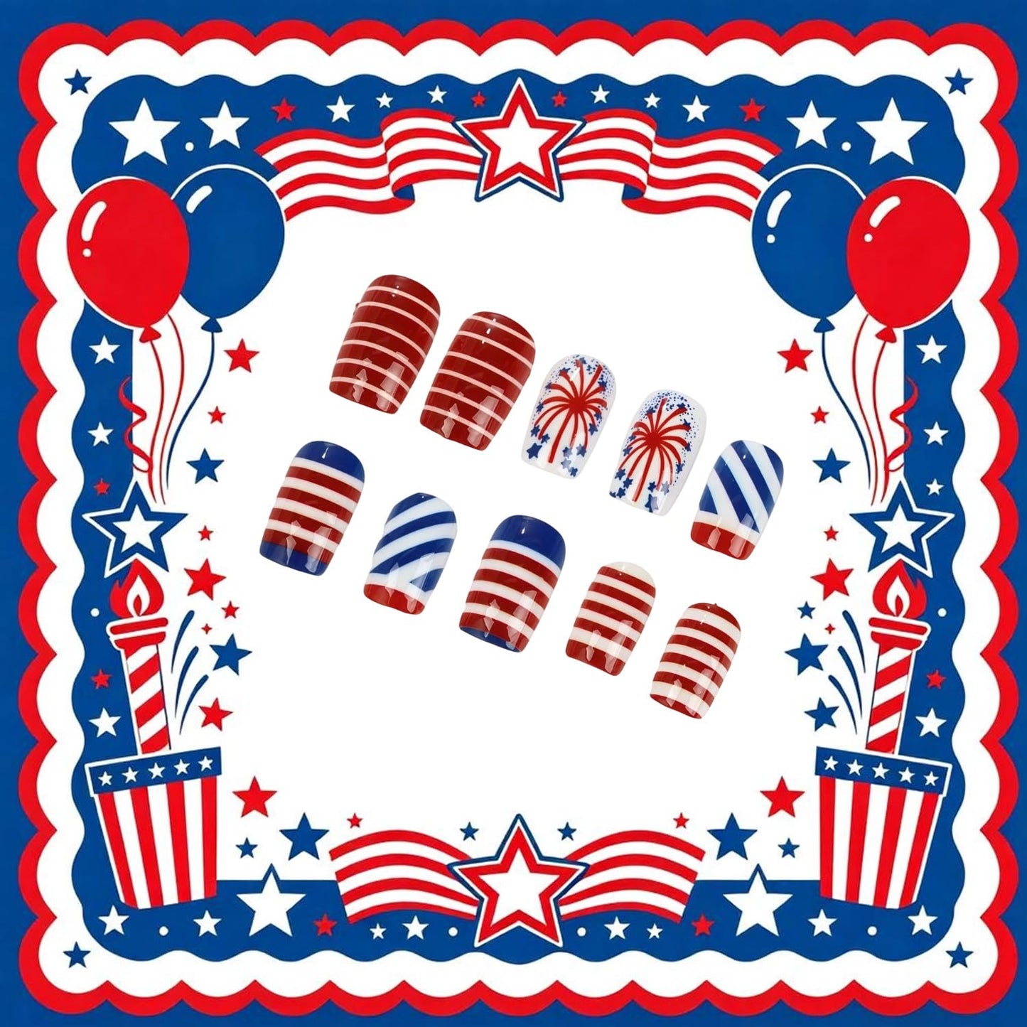 4th of July Press on Nails Medium Square Fake Nails American Flag with White Stars Acrylic Nail Independence Day Stick on Nail Reusable Glue on Artificial Fingernails for Women Holiday Manicure 24Pcs