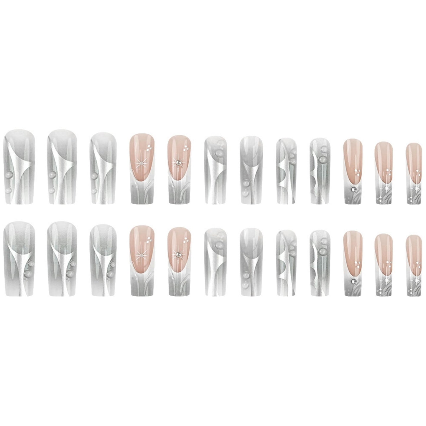 Long Press on Nails Square Fake Nails Silver Acrylic Nail Press ons Seeneey Rhinestones Sparkly Stick on Nail for Women 24pcs