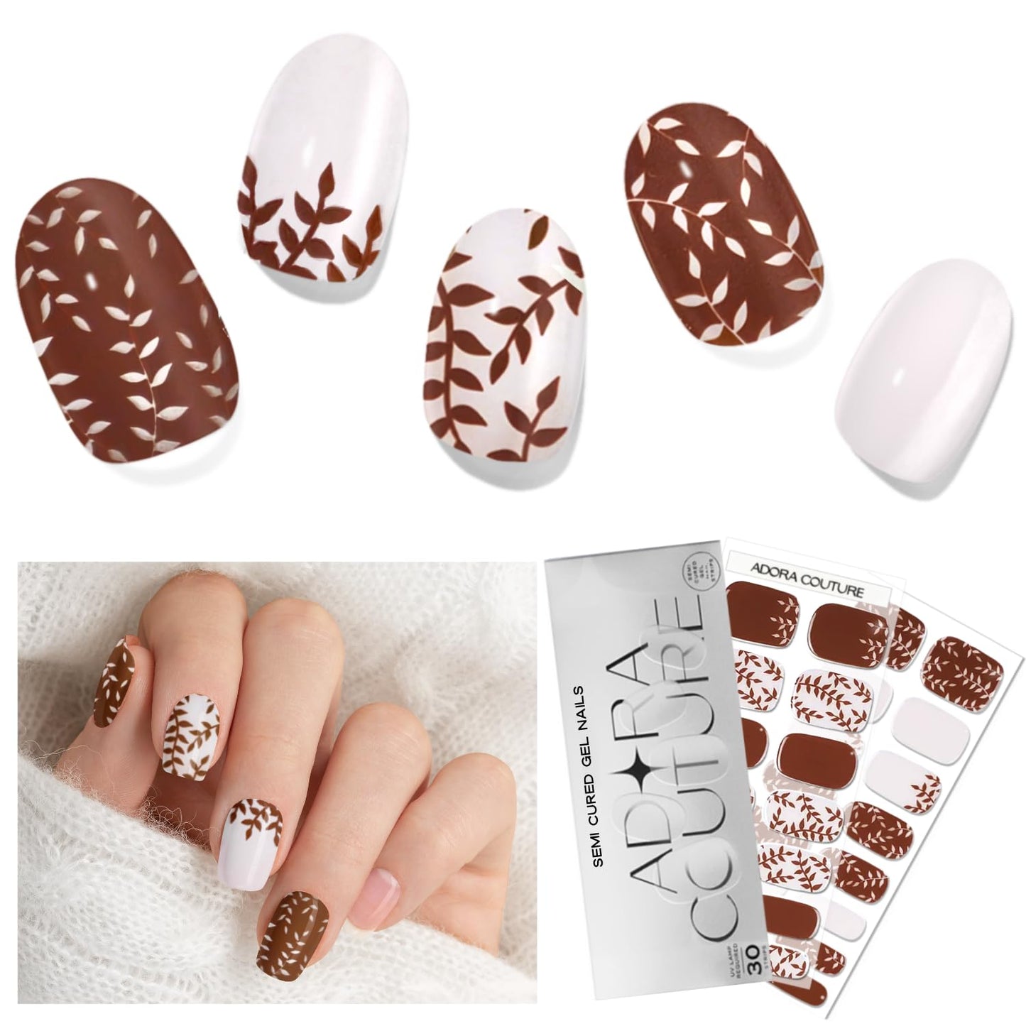 Adora Couture Semi Cured Gel Nail Strips with 30 Pieces - Salon Quality Manicure Kit for Women Easy Application Wraps Includes Prep Pads Nail File Wooden Stick, UV Light Required (Brown Mocha)