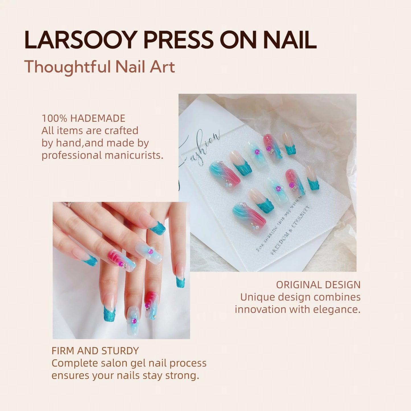 LARSOOY Nails Handmade Press on Nails Middle Long Square | Handmade Nails with Ocean Theme | Reusable fake Nails with Unique Designs | False Nails 10 Pcs (Underwater Adventure, M)