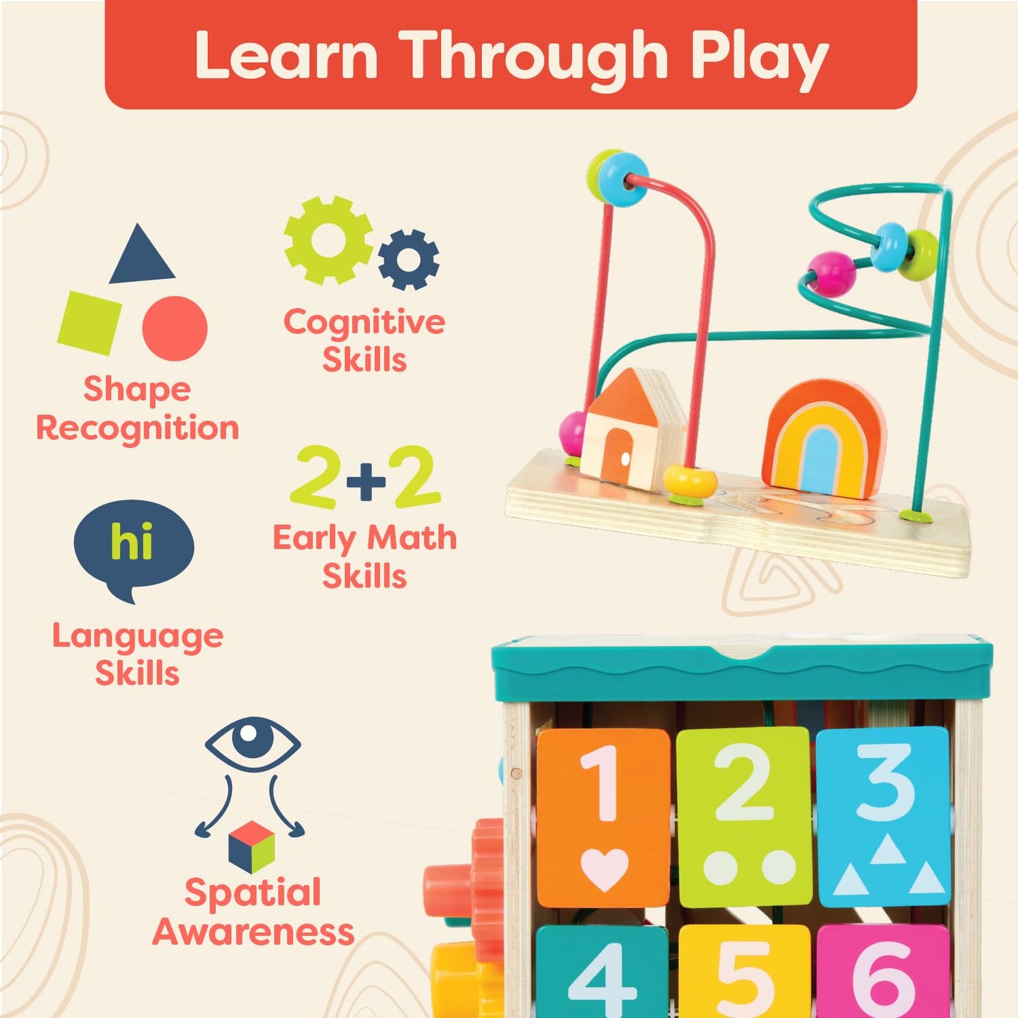 B. toys – Tabletop Activity Cube – Educational Storybook Included – Wooden Shape Sorter, Bead Maze, Animal Tiles – Top Flips for Compact Storage – 12+ Months – Lil' Learning Cube