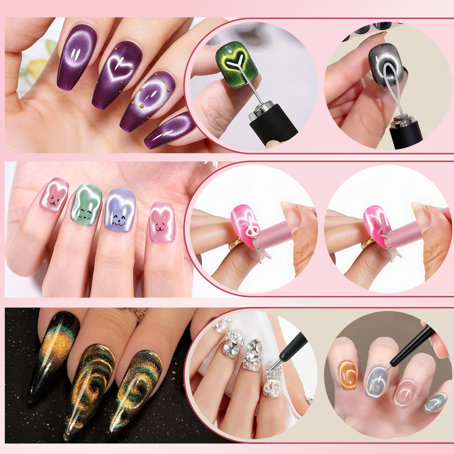 WOKOTO 4 PC Cat Eye Magnets With 6 Pcs Iron Stencils For Nails, Cylinder Nail Magnets With Magnet Ball, Short Cylinder, Point & Flower Nail Polish Magnet For Nails, Heart & Bunny Stencils Magnet Tools