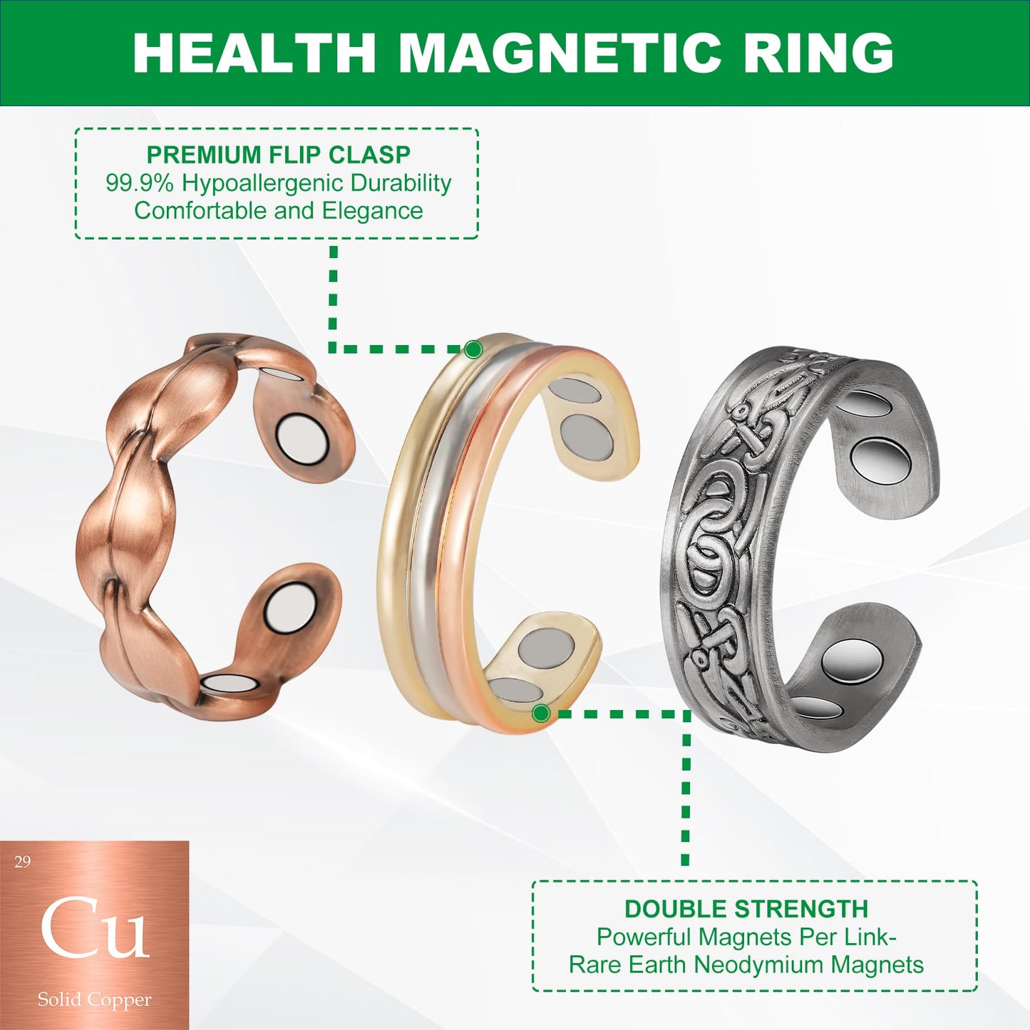 Wollet 3Pcs Copper Magnetic Ring for Women Men, 99.99% Pure Copper Rings with Magnets, Jewelry Adjustable Gift