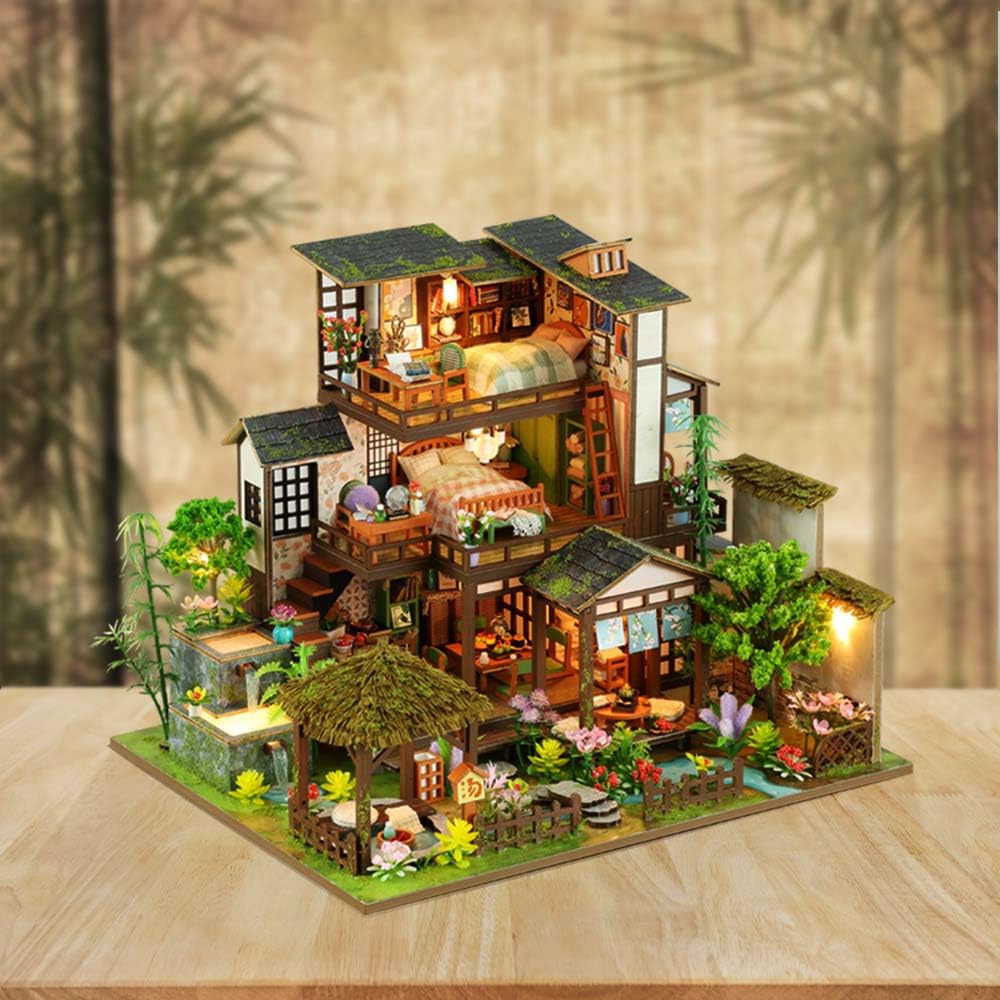 Foyucool Miniature House Kit, Tiny House Kit with Light, DIY Mini House Building Kits for Adults to Building, Unique Gift for Birthday Mother's Day, Bamboo Spring Courtyard