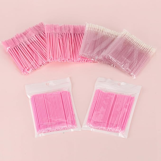 600 PCS Eyelash Extension Supplies Kit, 200 Spoolies Mascara Wands Disposable 200 Lip Brushes 200 Micro Swabs Pink Eyelash Brushes Makeup Applicator Tool