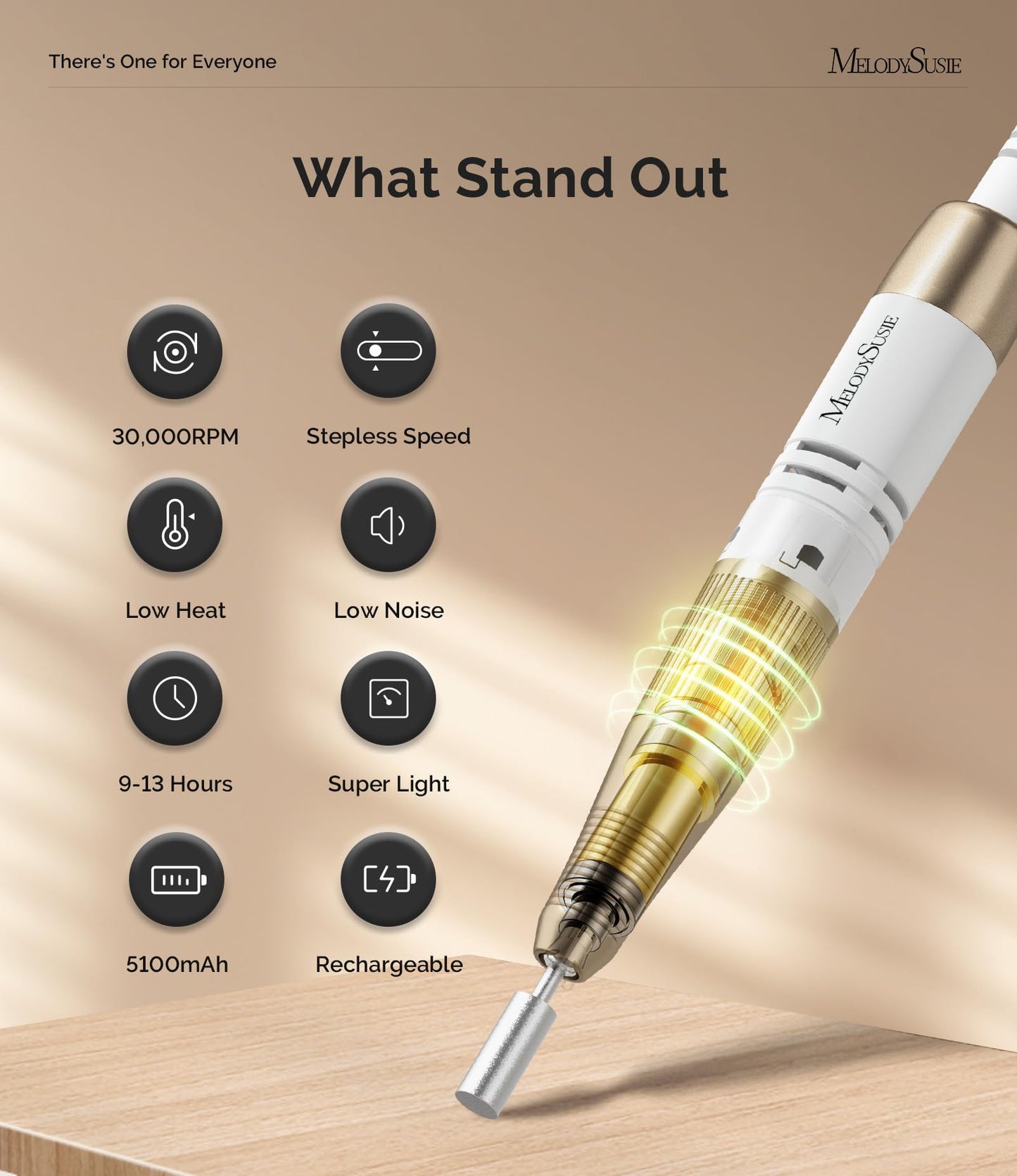 MelodySusie Entry-Level Clip-On Vintage-Style Nail Drill, SC320C 30000RPM Rechargeable E-File for All Manicure Shaping & Gel Removal, Perfect for Training, Nail Art Practice & Home Use