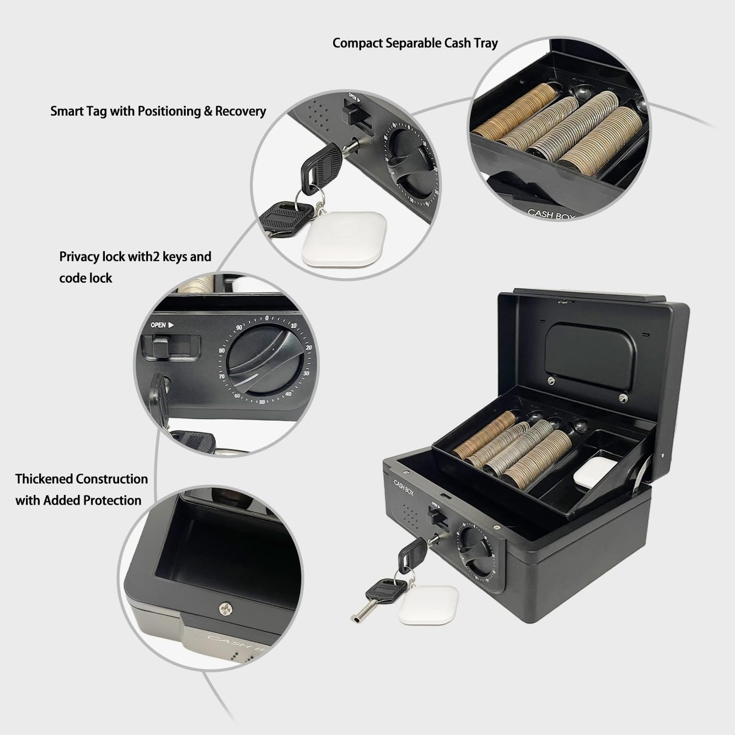 Winstinct Cash Box with lock, with Tracking & Dual Lock System,money box with cash tray, lock safe with key, money-saving storage bag for Home,Office,business (Black)