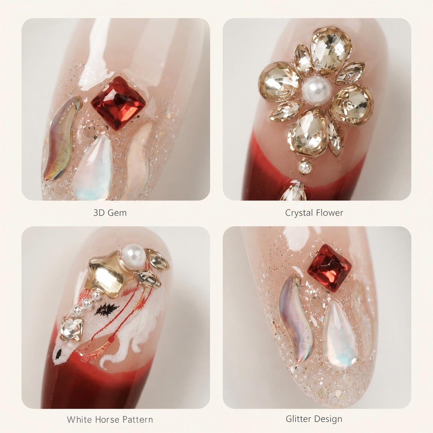Tesytto Handmade Press on Nails Almond Shape Glossy Reusable False Nails for Nail Art (Crimson Crystal Butterfly Glow, M)