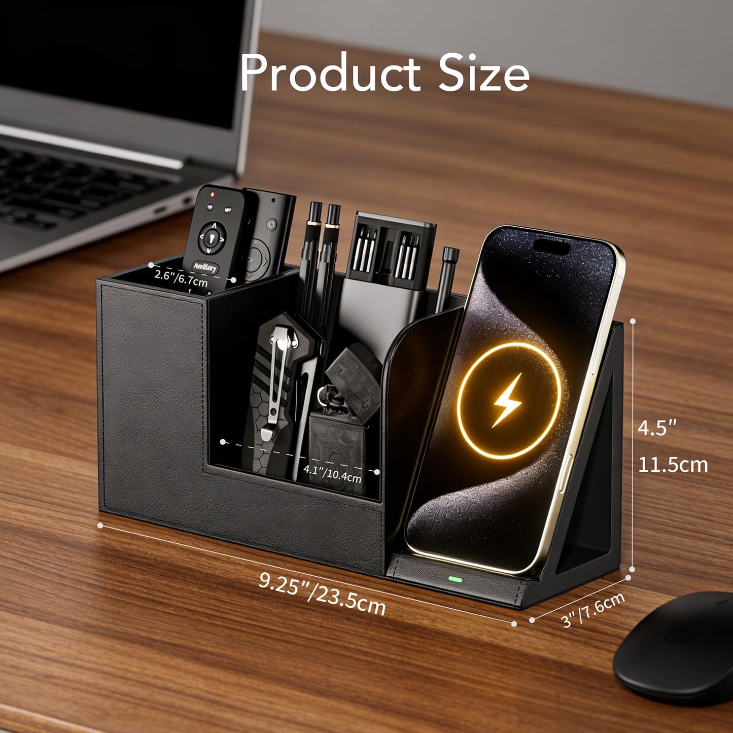 GORESE Desk Organizer with Charging Station, PU Leather Desktop Organizers with Phone Charging Stand for Office Home Nightstand, Practical Gifts for Men Who Want Nothing, Black
