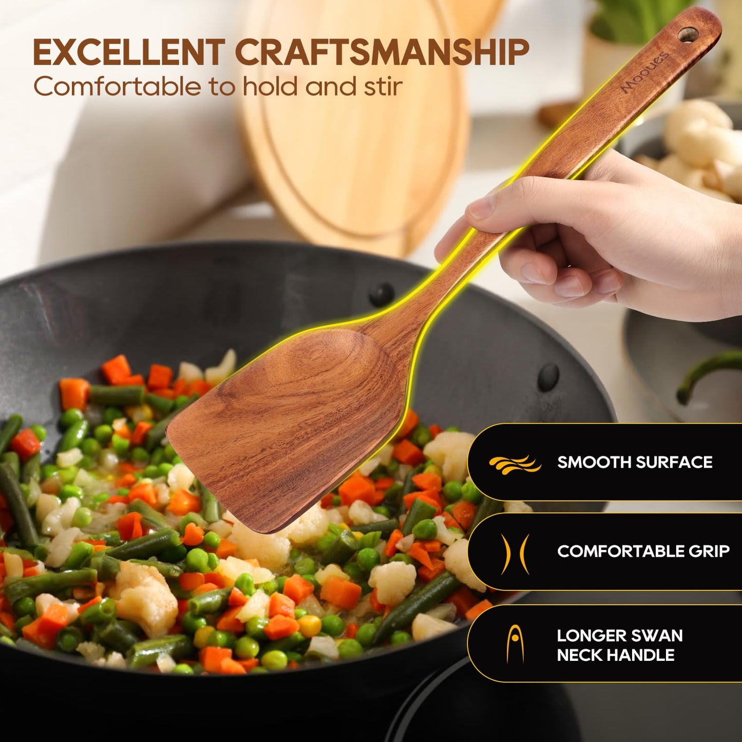 Wooden Spoons for Cooking, 10 PCS Teak Wood Cookware Utensil Set with Hooks - Smooth Finish, Non-Stick, Comfortable Grip, Heat Resistant Kitchen Utensils Gift Box