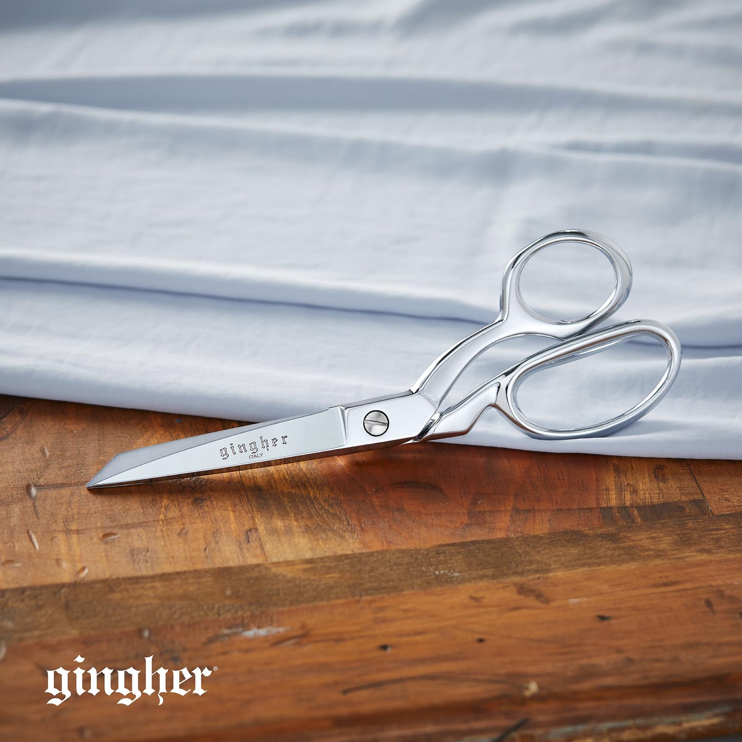 Gingher 8" Serrated Dressmaker's Fabric Scissors with Protective Sheath, Stainless Steel Shears that Grips Fabric, Sharp Knife Edge Fabric Scissors, Chrome Plated Nickel Finish