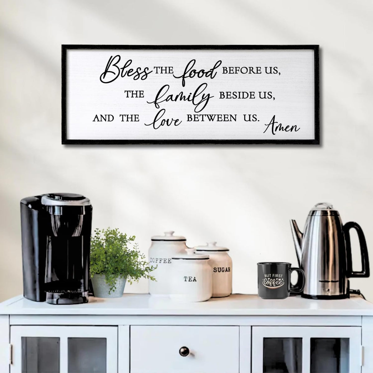 Bless the Food Before Us, the Family Beside Us, and the Love between us Framed Wall Art for Christian God Jesus Christ Prayer, 40''×15'' Positive Holy Religious Rustic Bible Verse for Dining Room