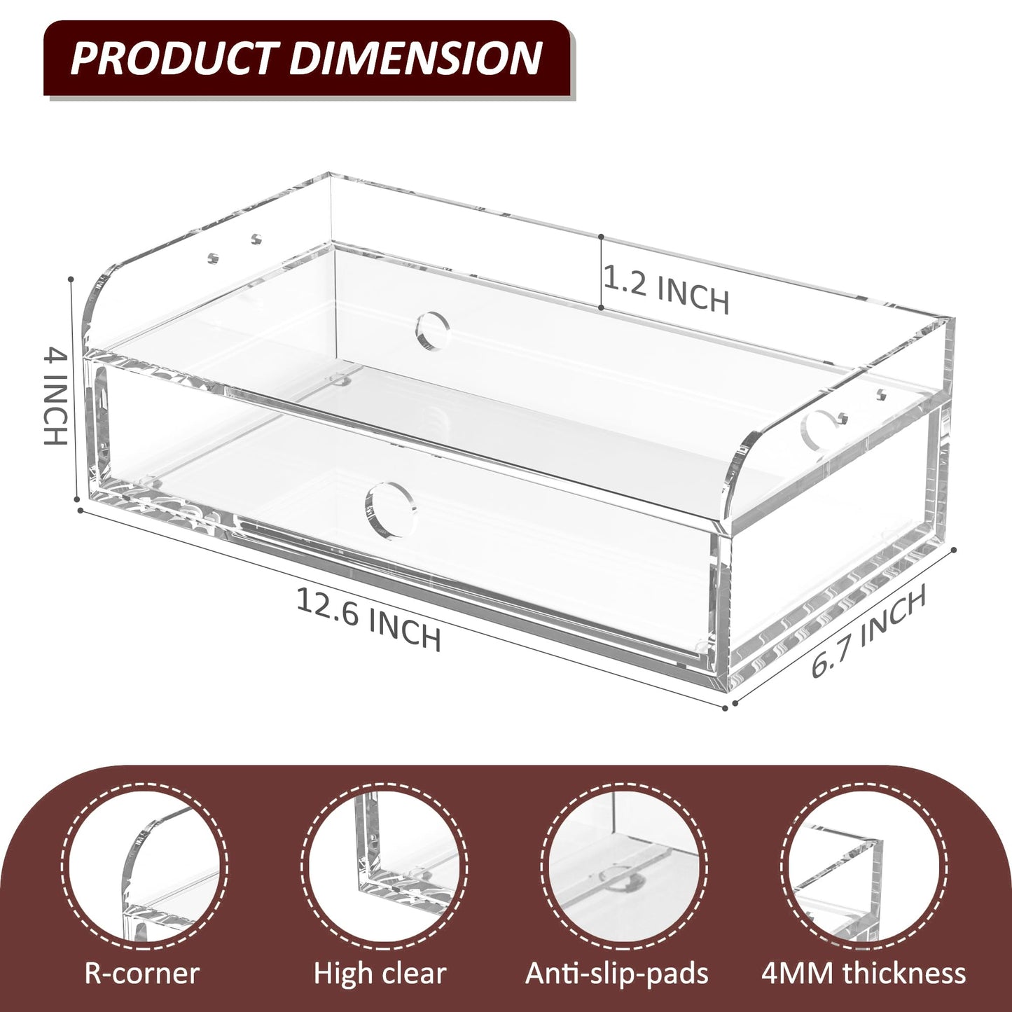 Hongtuocb Acrylic Desk Organizer 12 "x 6.7" x 4", Clear Desktop Drawer Tabletop Storage Organization for Office Home Makeup Skincare Jewelry