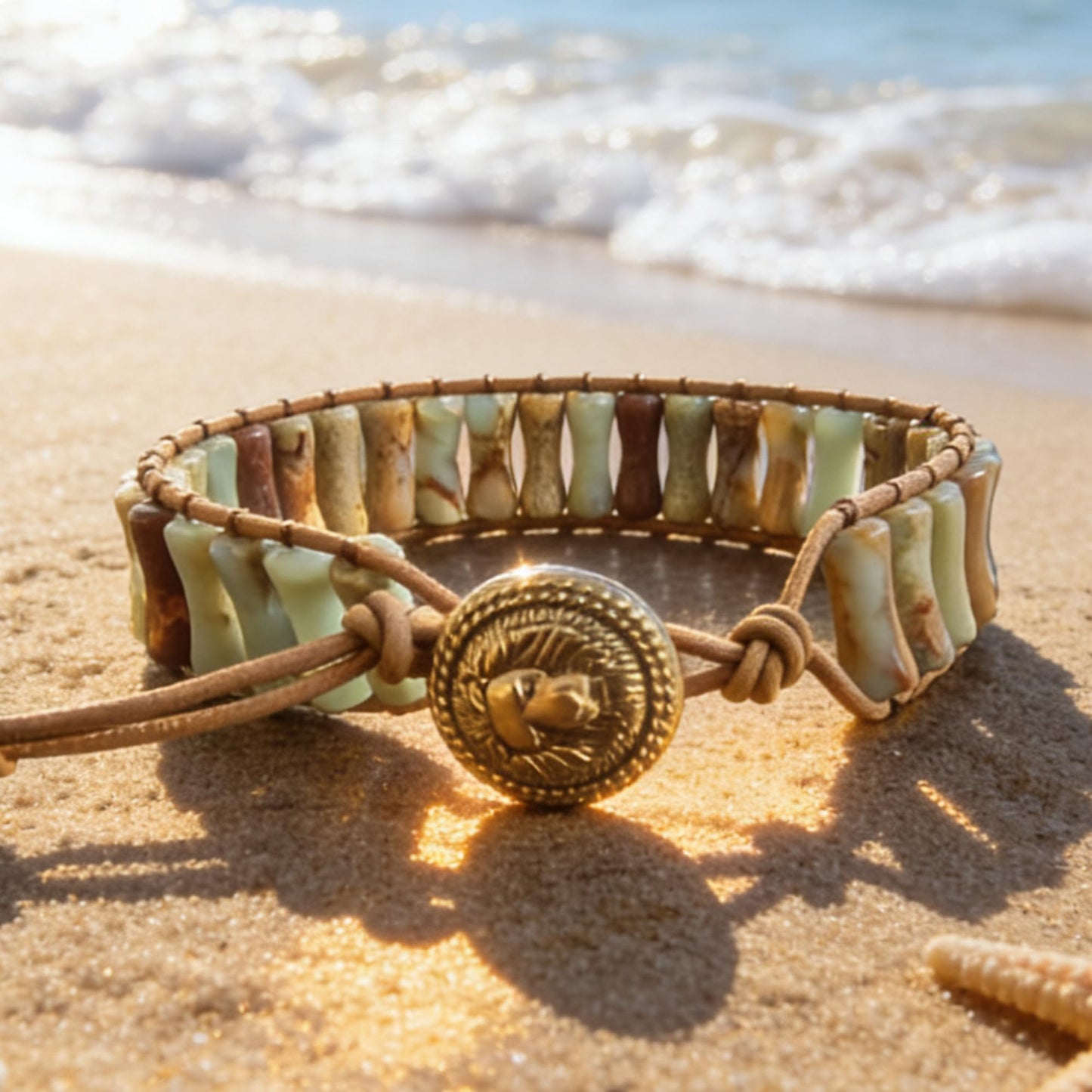 Plumiss Handmade Natural Agalmatolite Stone Bracelet for Men Women - Boho Leather Wristband with Adjustable Drawstring Closure, Unique Earthy Tones Healing Crystal Jewelry for Casual Wear & Gifting