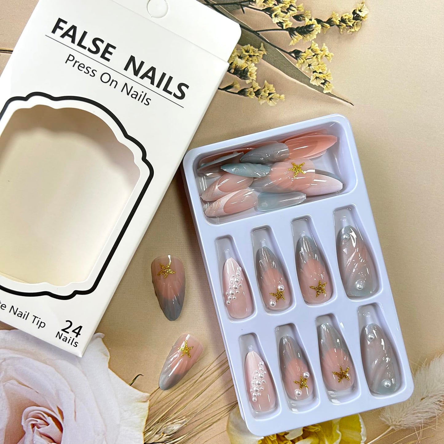 Press on Nails Medium 3D Stereoscopic Shell With Starfish Pearl Design - Full Cover Acrylic Almond Shaped Artificial Stick on Reusable Glue on for Women - Manicure Kit 24Pcs