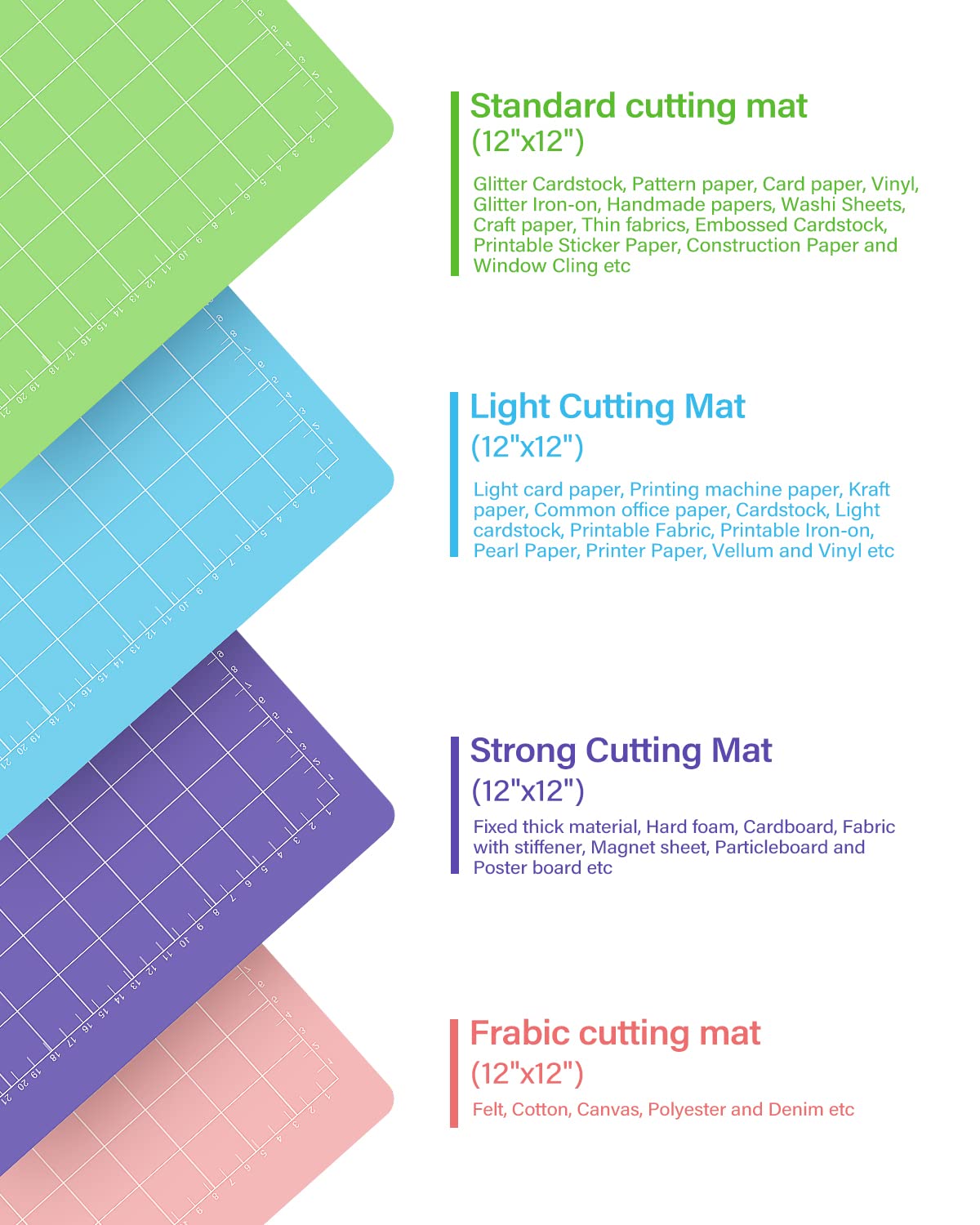 Gwybkq Cutting Mat 12 Pack 12x12, Compatible With Cricut Maker 4/Explore Air & Silhouette Sticky Pad Replacement Accessories, for Crafts Supplies (Standard/Light/Strong/Frabic)