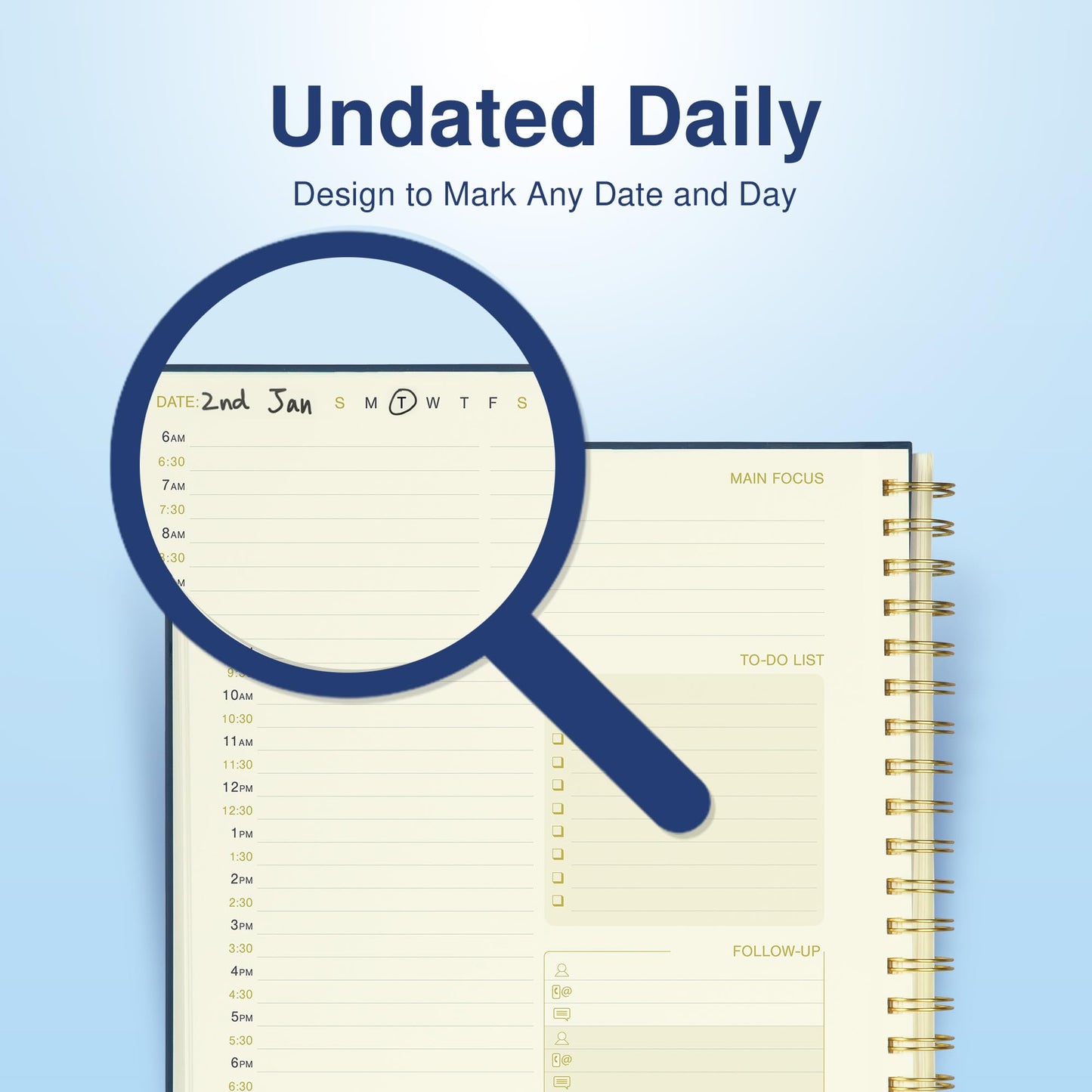 AuroPlanner Undated Daily Planner To Do List Hourly Schedule 2027 2026 2025 Calendar & Holiday Habit Tracker 180 Pages Letter Size 8.5" x 11" Sheets Hardcover Spiral Bound Notebook (Navy Blue)