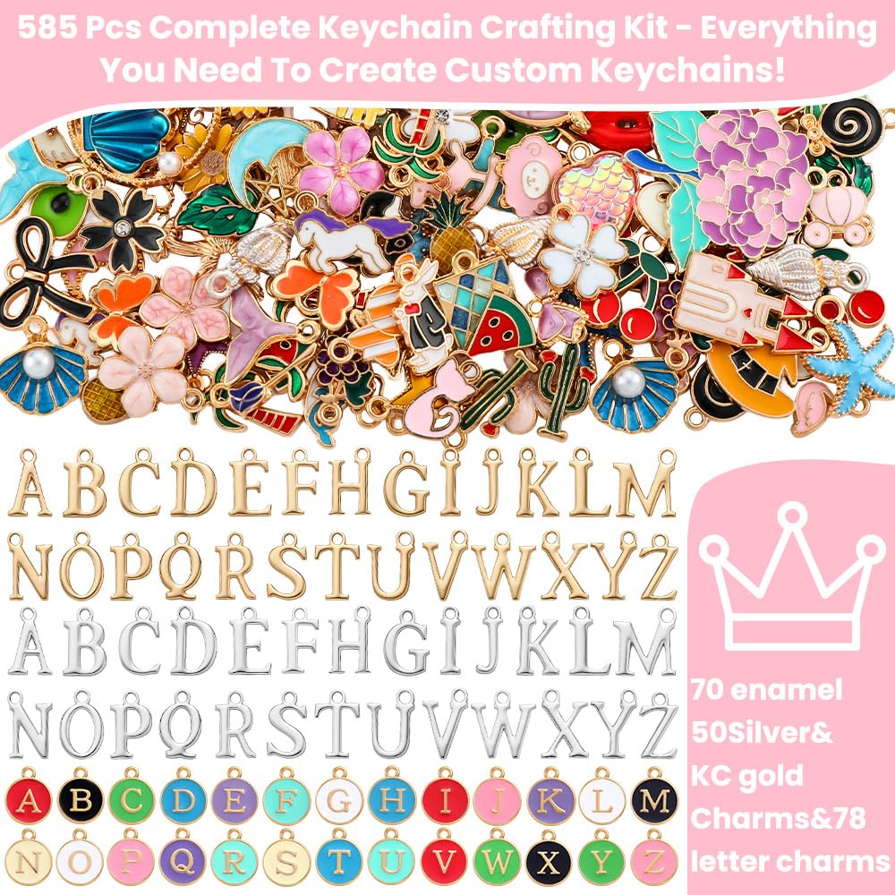 JOICEE 585Pcs Charms lip Gloss Keychain Making Kit, DIY Jewelry Crafts Making Kit with 192 Enamel Pendants 30 KeyChain Hooks 30 Chains and 333 Accessories Tools for Girls Adults Birthday Holiday Gifts