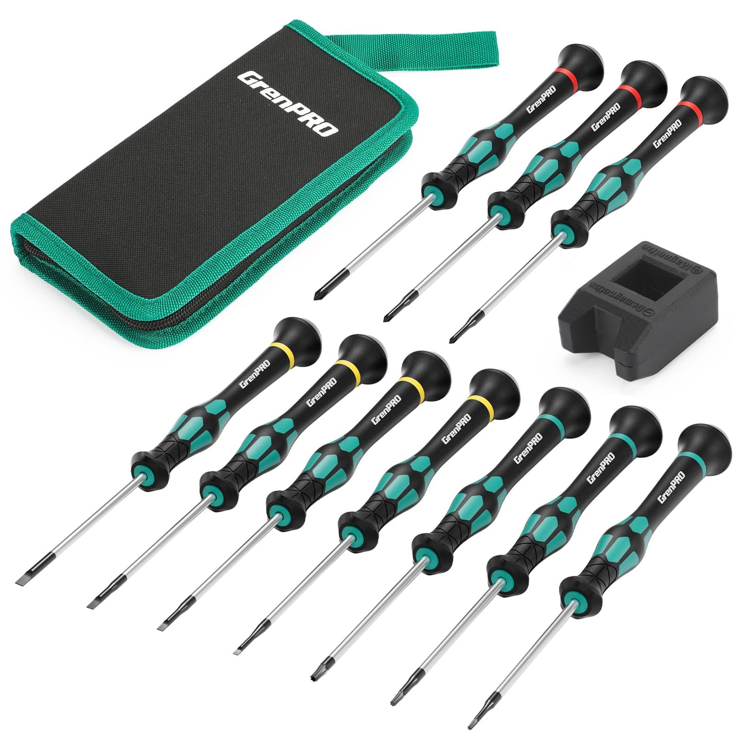GRENPRO 10-Piece Precision Screwdriver Set, Magnetic Small Screwdrivers with Phillips, Slotted, Torx Star for Eyeglass, Watch, Computer, Laptop, Phone,Green