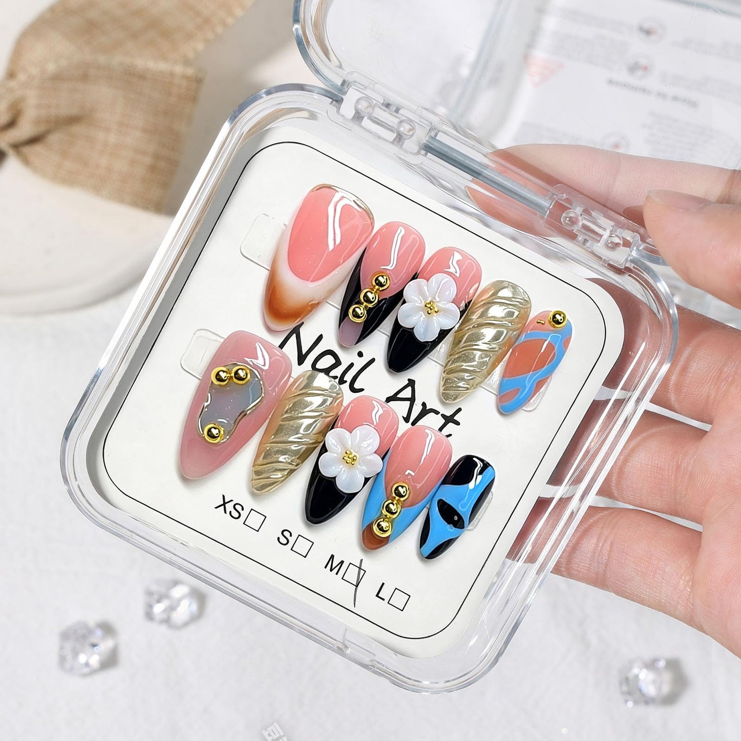10 Pcs Handmade Press on Nails Medium Almond Fake Nails with White 3D Flower Curves Design Black French Tip Acrylic False Nails Medium Almond Press Ons Nails Pink M Size for Women