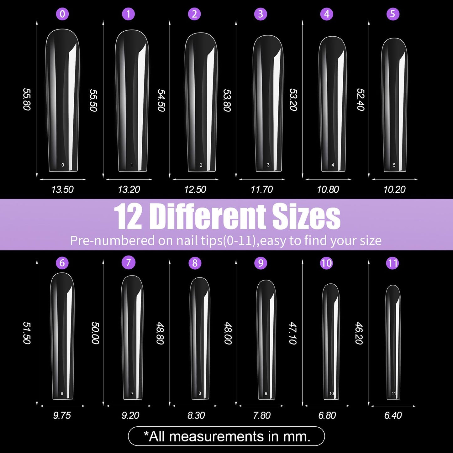 Cycullinyt Long Square Nail Tips, 240Pcs Full Cover + Half Cover Soft Gel Nail Tips Pre-shaped Clear Acrylic False Nail Tips Press On Nails for Extensions Manicure Home Salon DIY 12 Sizes