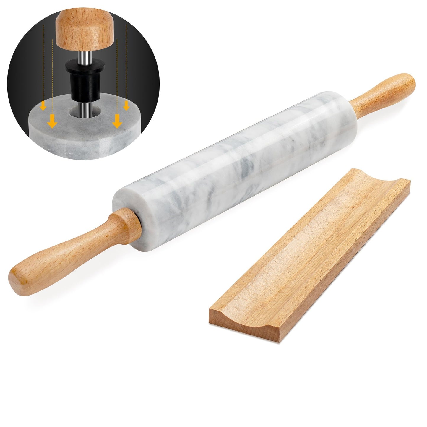 Kafoor 16.7 Inches Marble Rolling Pin for Baking with Wooden Handles & Wooden Cradle - Rolling Pin for making Pizza Dough & Tortillas, Dough Roller for Pasta, Cookie, Pie Crust and More!