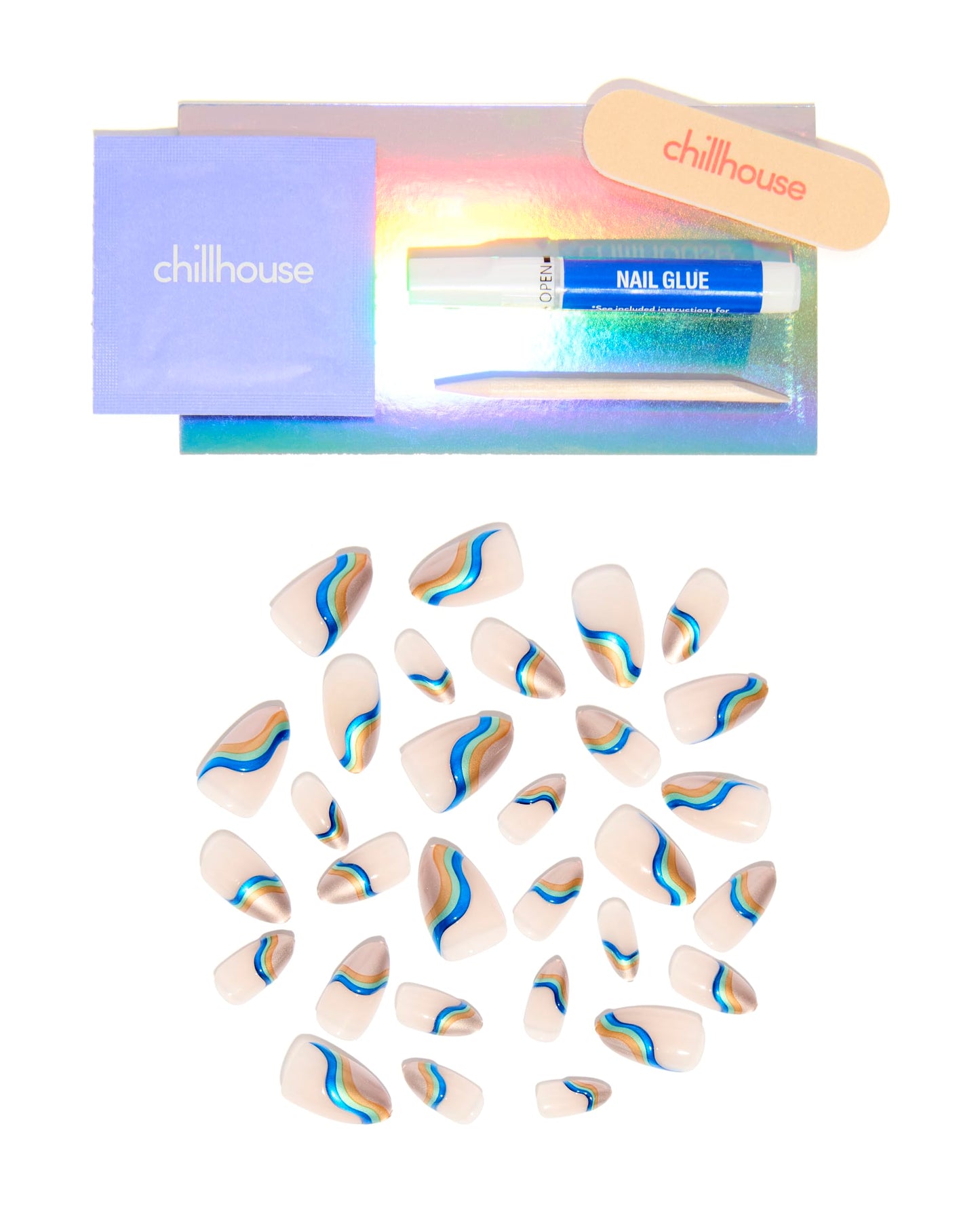 Chillhouse Chill Tips Signatures Press On Nails Kit, In Control - 30 Nail Shapes & Sizes, Dual-Sided Buffer & File, Cuticle Stick & Glue - Long-Lasting Nail Art Manicures