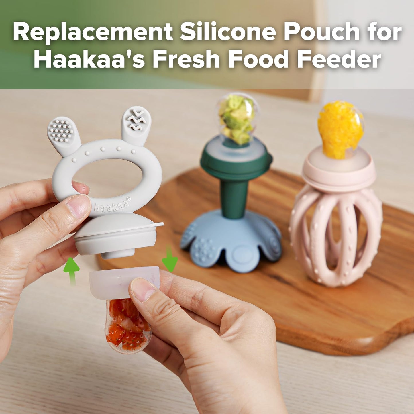 标题：Haakaa Baby Fruit Food Feeder with Mini Freezer Nibble Tray Combo & Silicone Replacement Pouch(Blue & Medium Size)