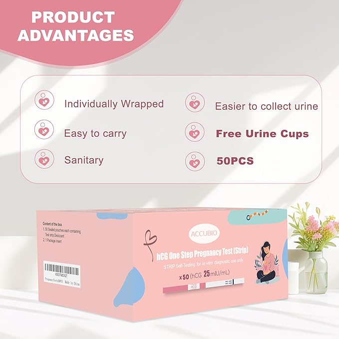 Pregnancy Test Strips with Urine Cups, hCG Detection Home Pregnancy Test, Sensitive & Over 99% Accurate, 50 Count Individually Wrapped, Rapid Pregnancy Tests Kit 5mm Wider 25mIU/mL
