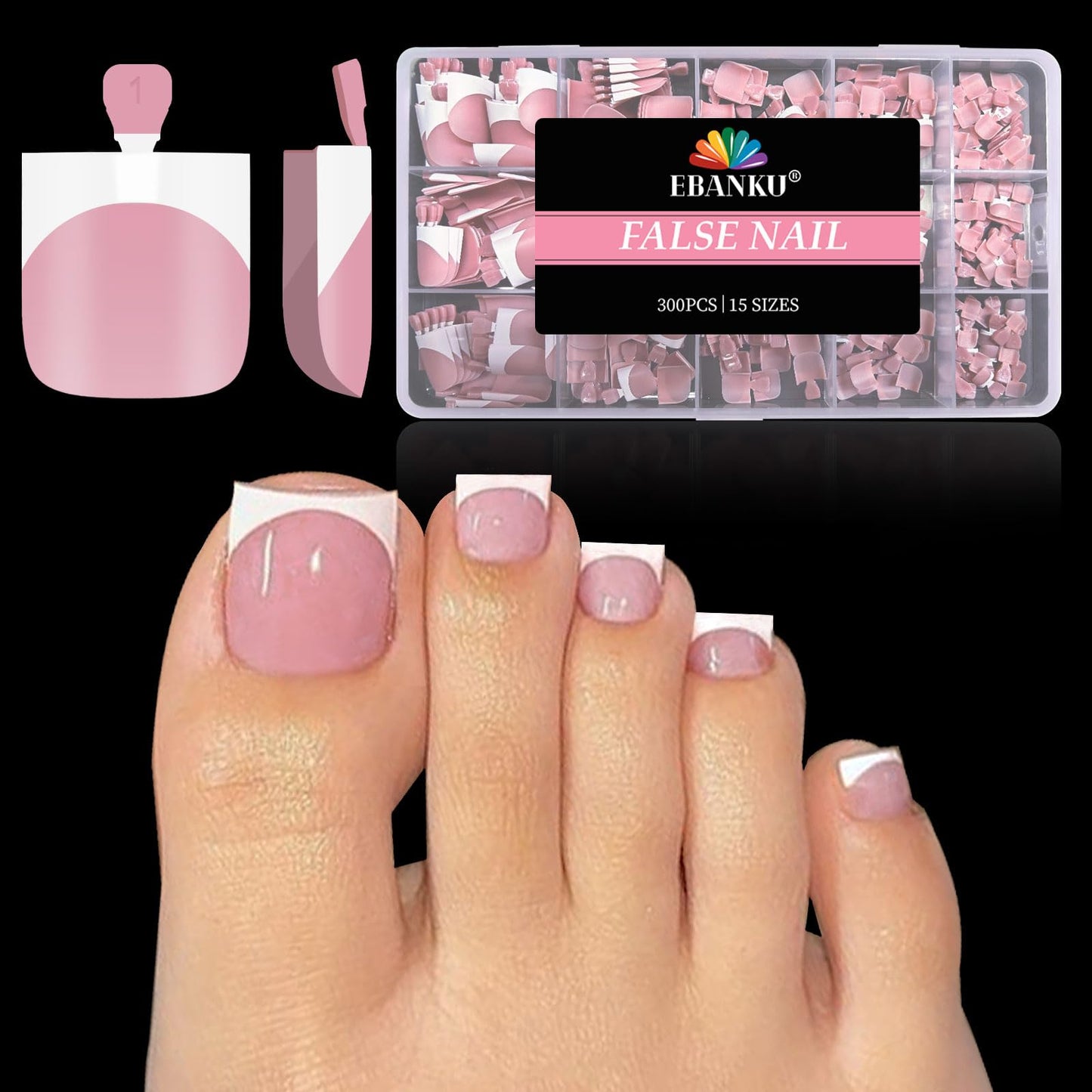 EBANKU French Tips Toe Press On Nails, 300 Pcs Sharp Square Pre-applied Primer & Base Coat Toe Nail Press Ons Light Pink Full Cover Fake Tips Extension, 15 Sizes
