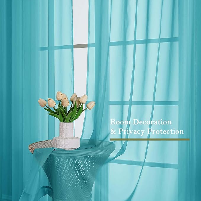 Lecloud Turquoise Sheer Curtains 90 Inches Long 2 Pcs, Soft Airy Light Filtering Home Decor Living Room Curtains for Bedroom, Rod Pockets Window Treatments Solid Drapes, Each Panel 59" W x 90" L