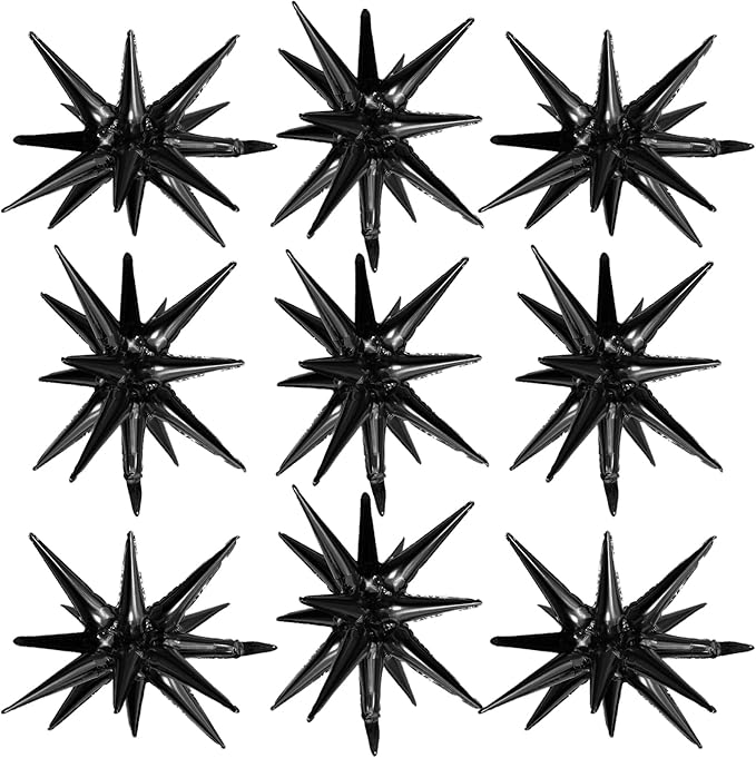 Black Star Balloons,9Pcs 22Inch Black Explosion Spike Cone Helium Polyester Film Star Foil Balloons for Birthday Anniversary Baby Shower Wedding Disco Party Decorations