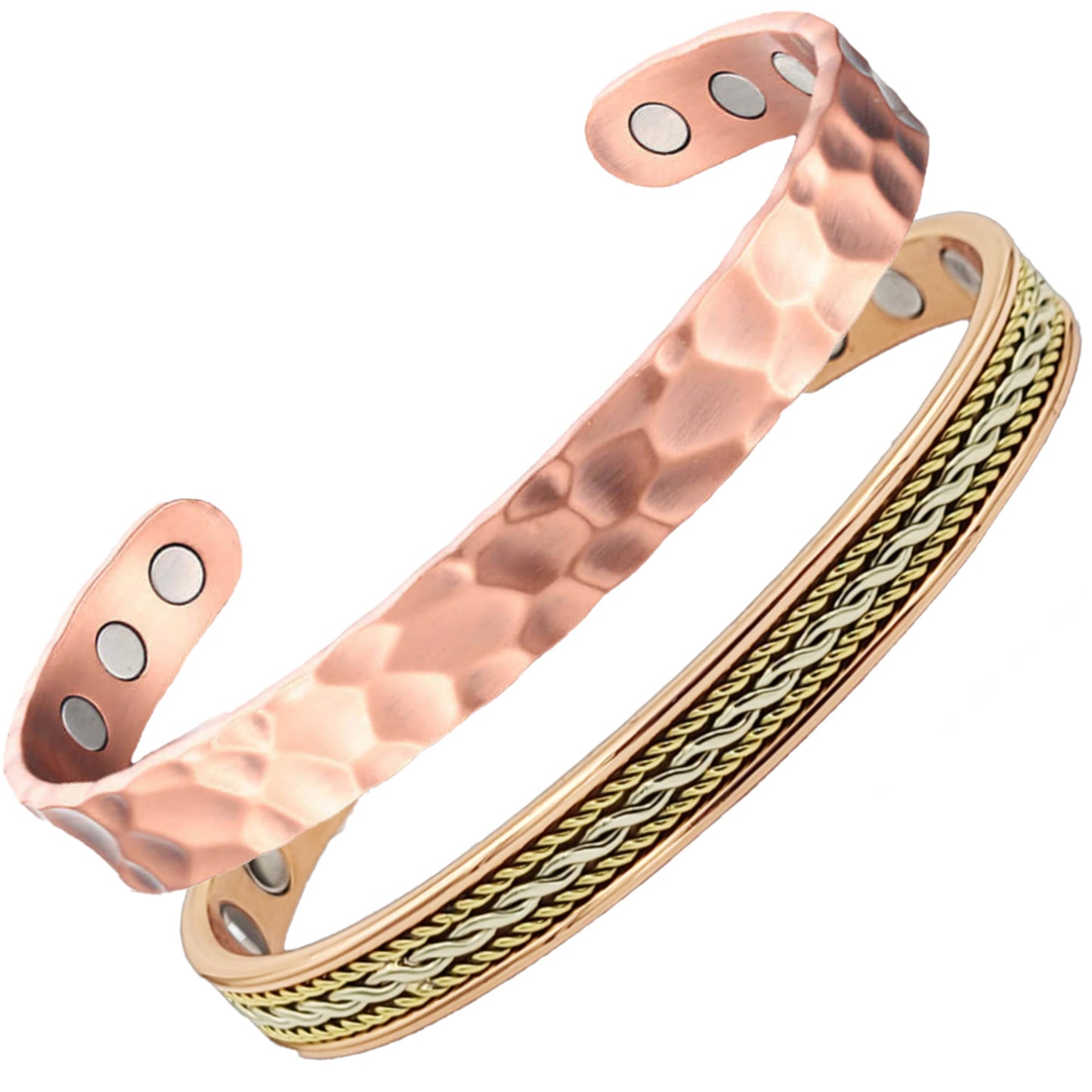 Earth Therapy Rope Inlay & Hammered Style Copper Cuff Bracelets with Ultra Strength Magnets - Unisex - Adjustable