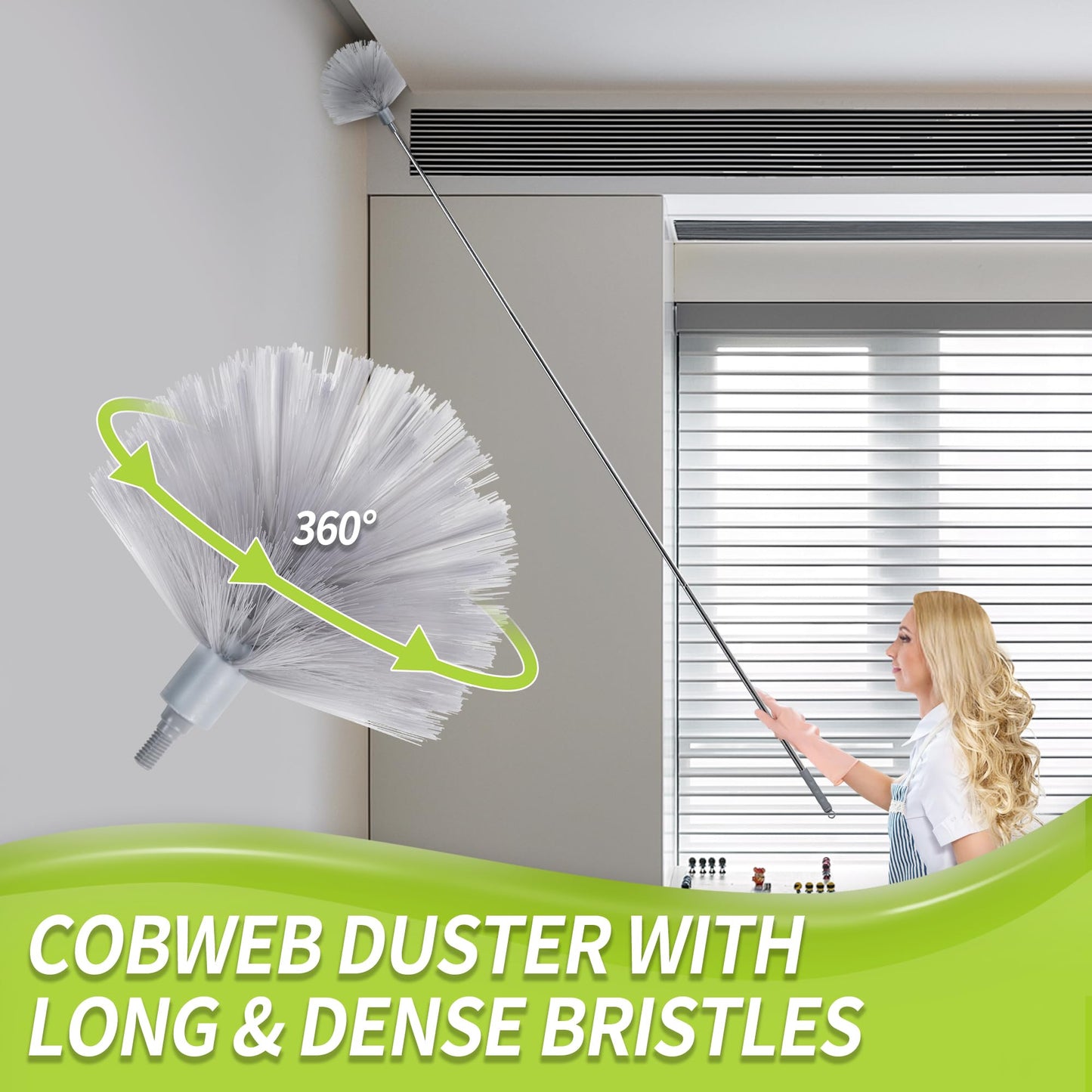 IVYROLL Duster with Extension Pole, Skinny Duster/Under Appliance Cleaning Tool & Spider Web Brush & Ceiling Cleaner, 100" Microfiber Feather Cleaner with Washable Head for Fan Furniture Wall