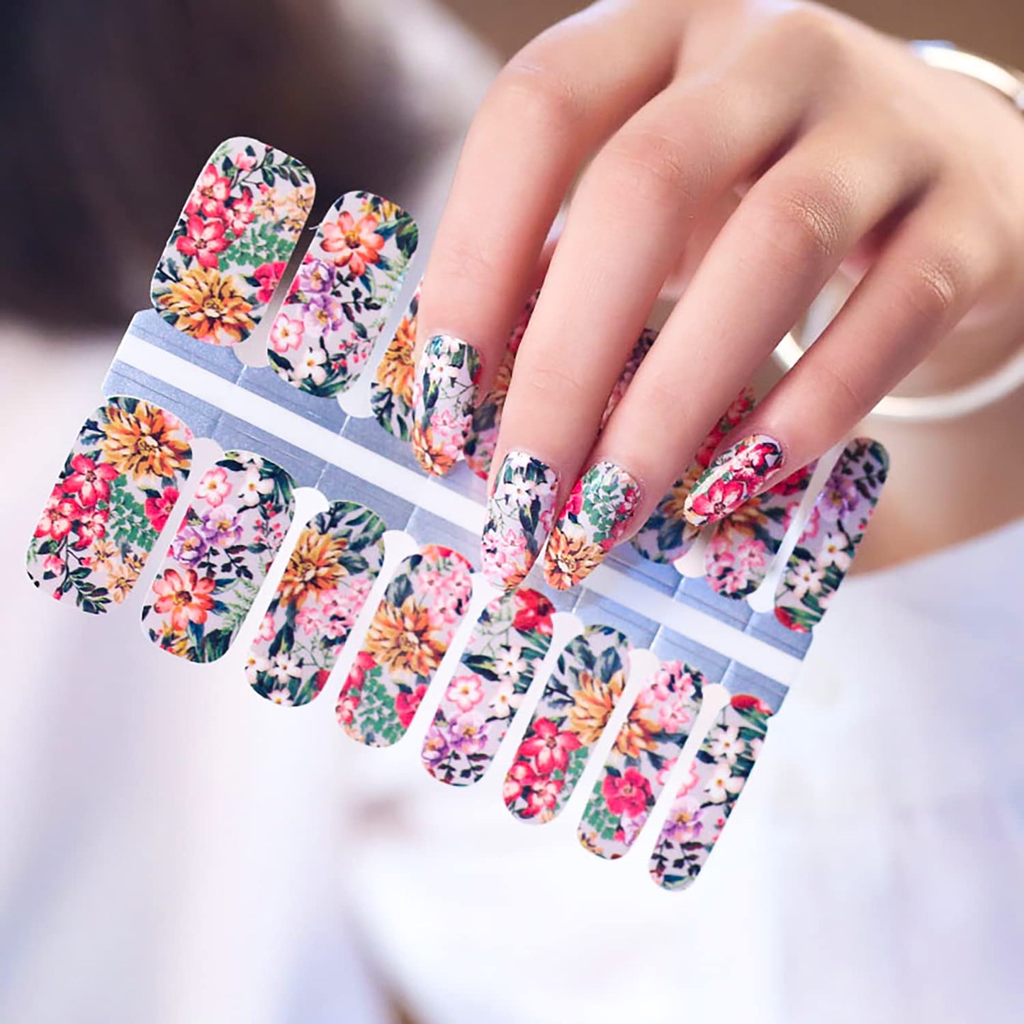SILPECWEE 5 Sheets Flower Nail Wraps Stick on Nail Polish Strips Gel Nail Strips Self Adhesive Nail Polish Stickers Fingernail Manicure Sticker Nails for Women with 1pc File
