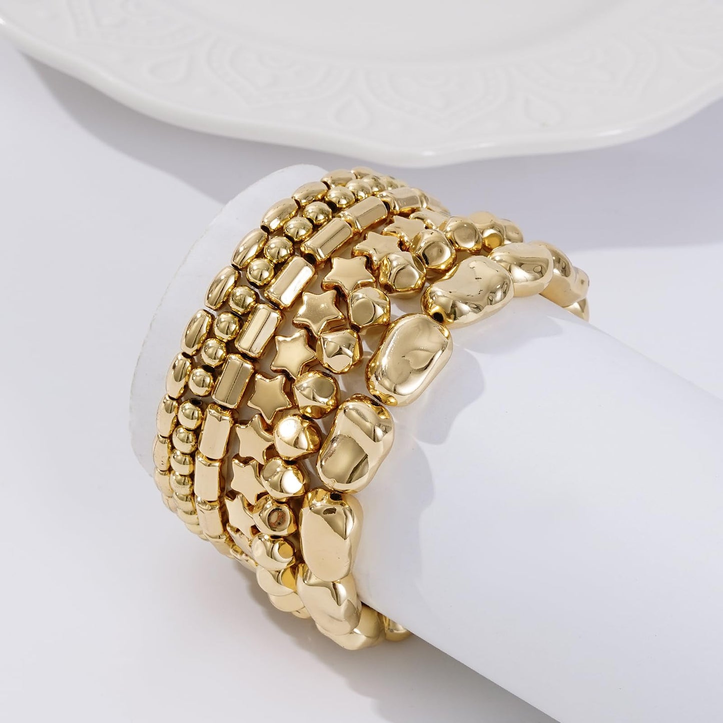 Sajidos Gold Plated Beaded Bracelets for Women Trendy, 14K Gold Plated Stack Cross Pearl Bead Stretch Bracelets Set Elastic Hypoallergenic Bracelets Jewelry Gifts (style2)