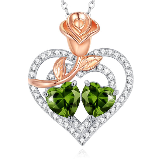 AGVANA August Birthstone Jewelry Peridot Necklace Sterling Silver Rose Flower Heart Double Birthstone Pendant Necklace Anniversary Birthday Gifts for Women Mom Wife Lady Her